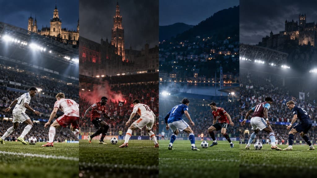 Four-panel night collage of football matches under floodlights. An editorial illustration, not photographs of the 21 October fixtures.