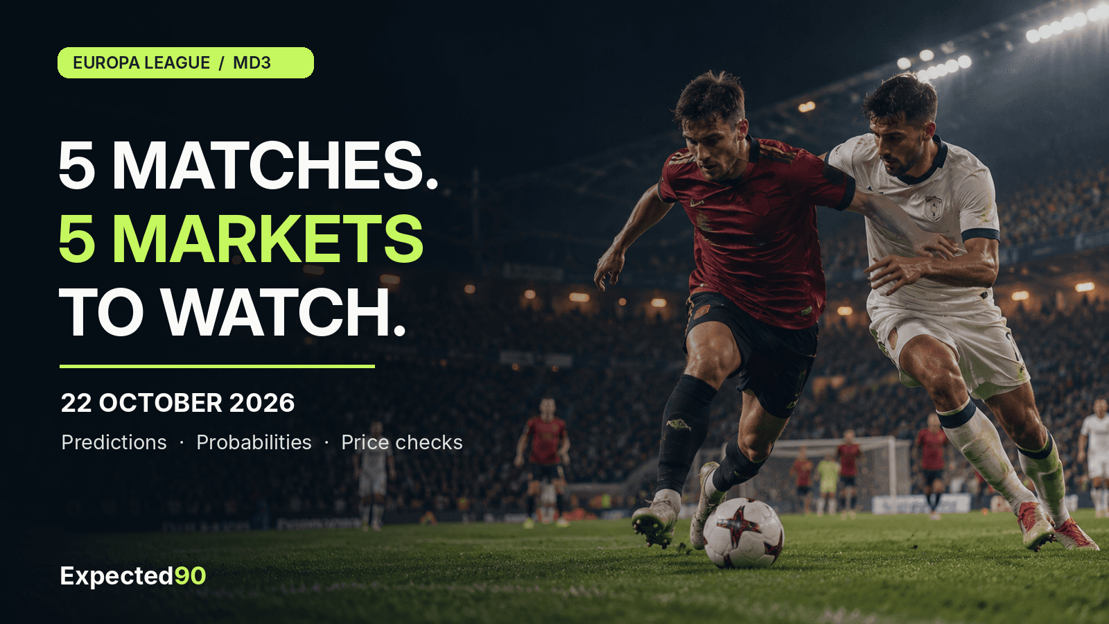Illustrative football stadium image with Expected90 editorial cover typography: five Europa League matches and betting markets to watch on 22 October 2026. The players are fictional and the image is not match photography.
